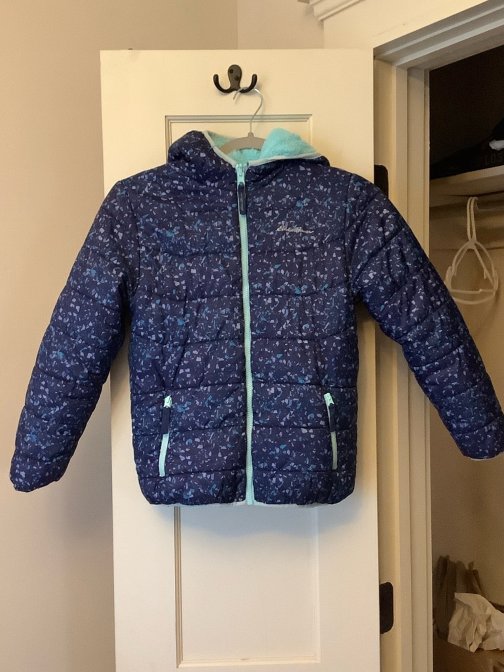 Eddie Bauer Navy Puffer Jacket with Aqua Trim